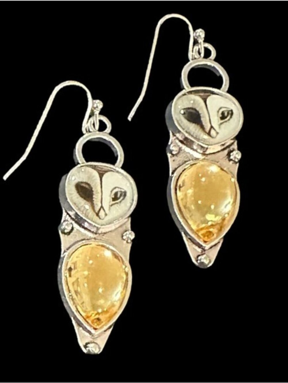 Unique Barn Owl Silver and Citrine Tone Gemstone Dangle Earrings For Women NWOT